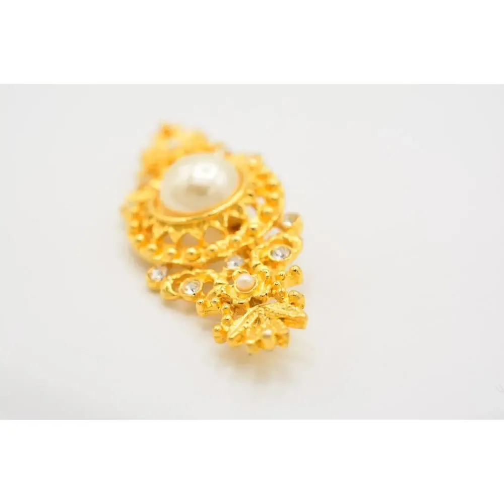 Vintage Pin Brooch Brushed Gold White Pearl Bar Rhinestone Crystal 1980s BinAL